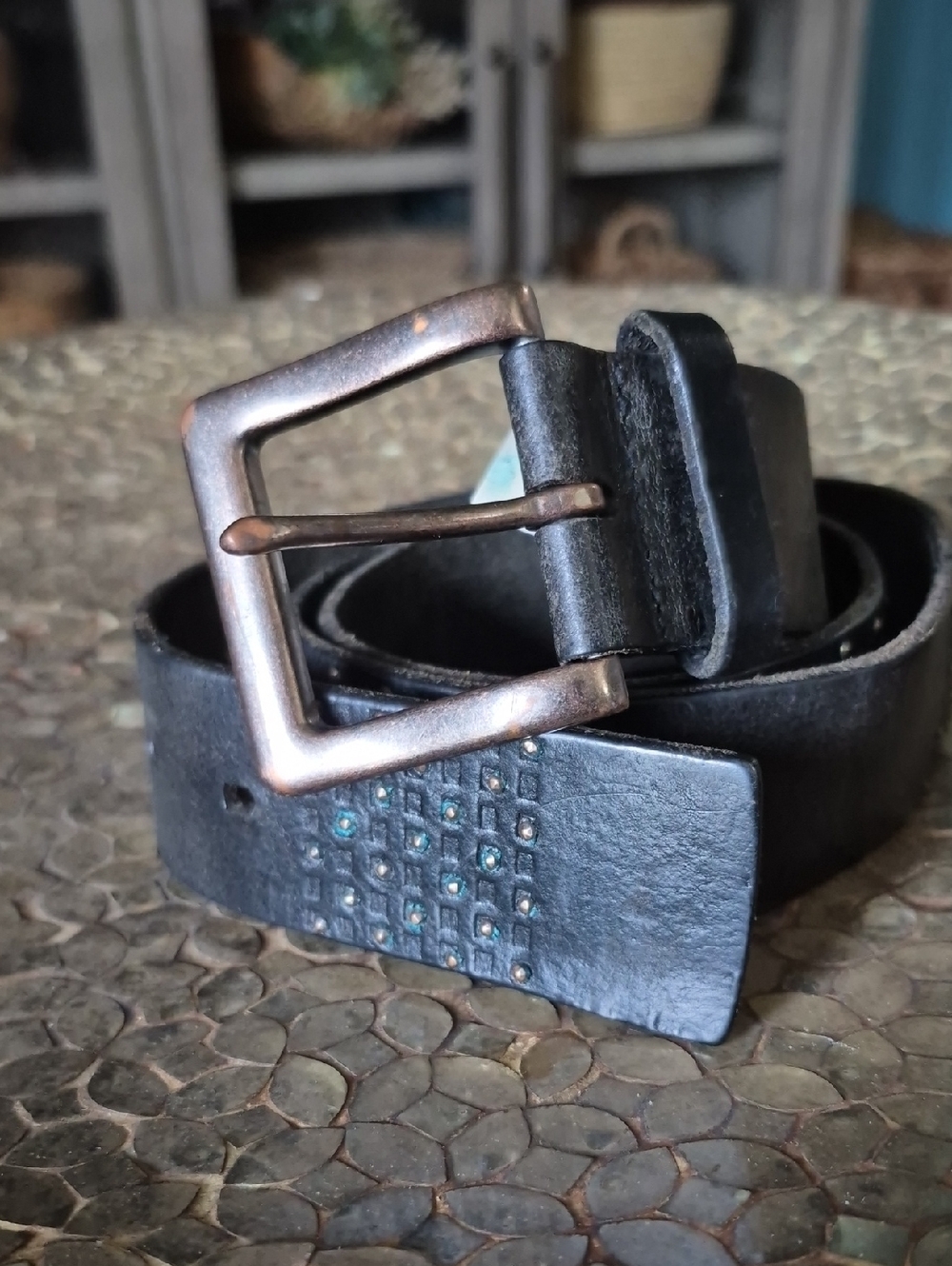 Fossil Black Leather Belt with Antique Copper Buckle